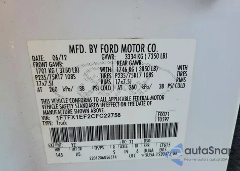 2012 Ford F150 Super Cab z USA, uszkodzony, nr VIN 1FTFX1EF2CFC22758